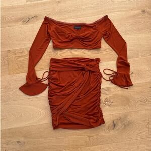 Majorelle - Destiny Off Shoulder Crop Top & Ruched Mini Skirt in Orange Rust